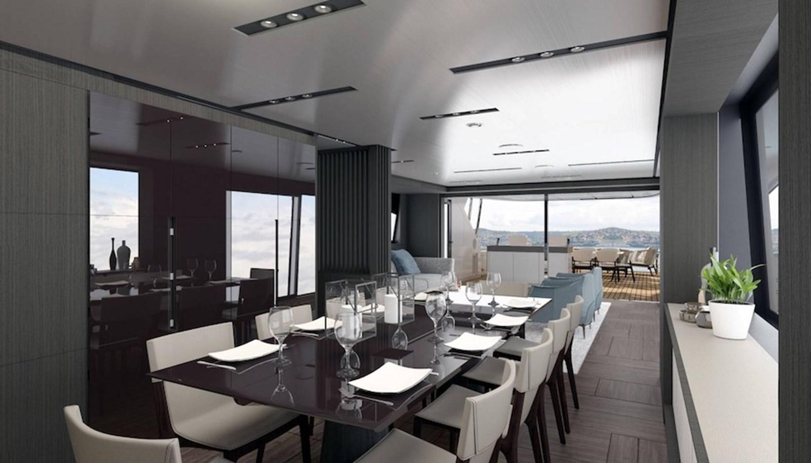 a room with tables and chairs aboard PERSHING GTX 116 Yacht for Sale