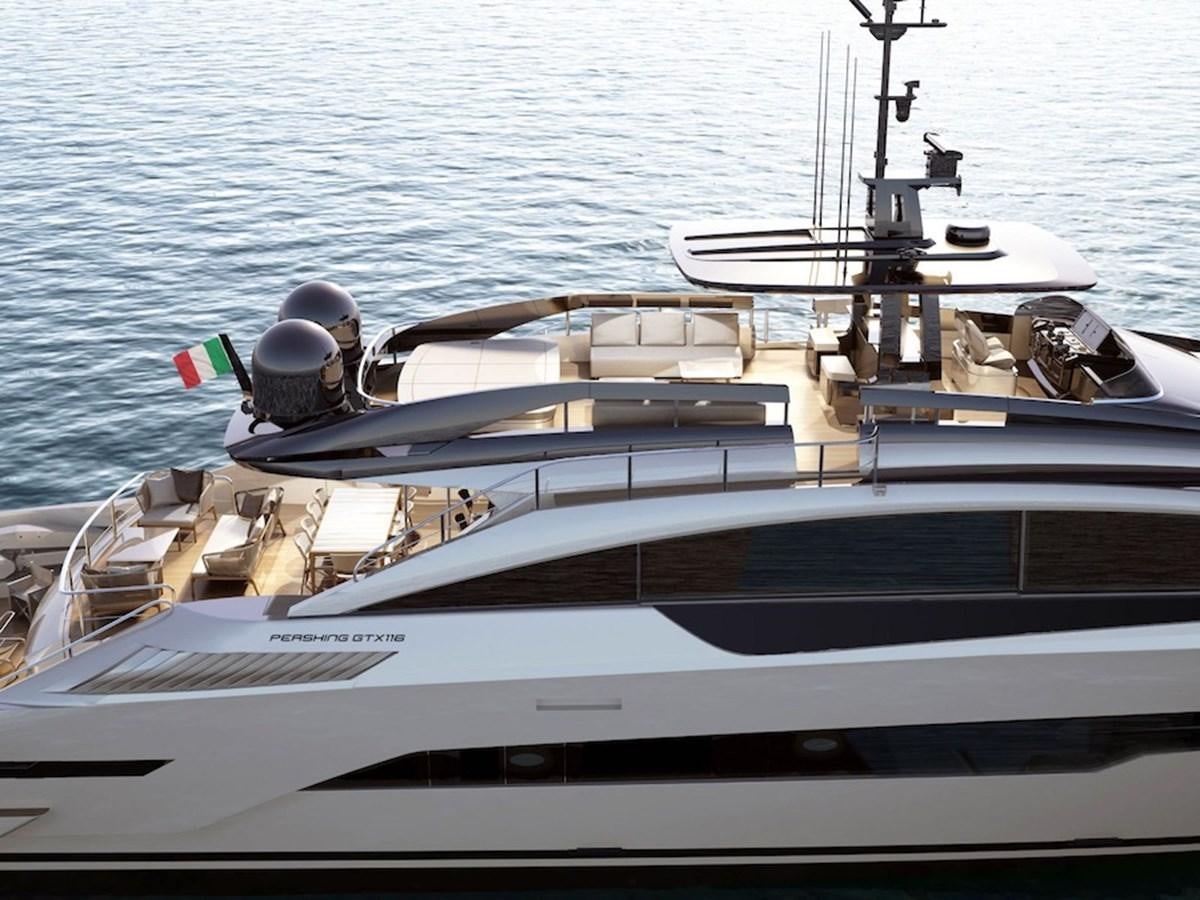 a white boat with a black pole on the front aboard PERSHING GTX 116 Yacht for Sale