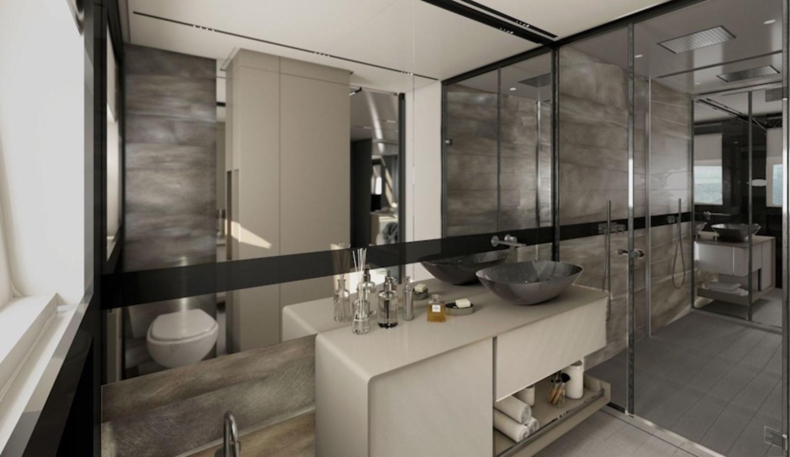 a bathroom with a large mirror aboard PERSHING GTX 116 Yacht for Sale