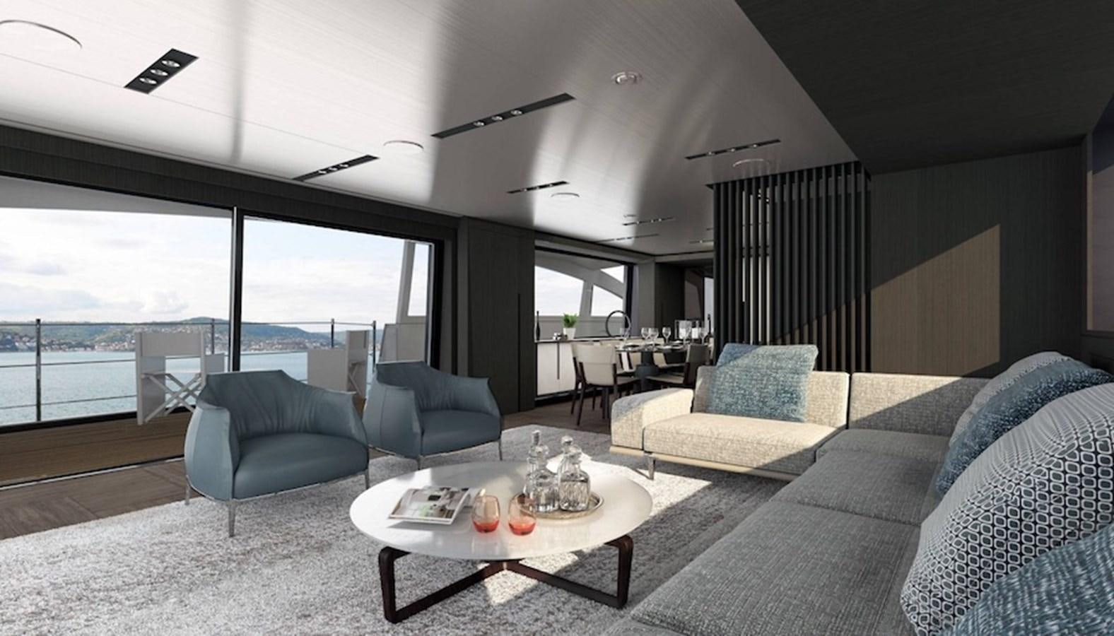 a living room with a large window aboard PERSHING GTX 116 Yacht for Sale