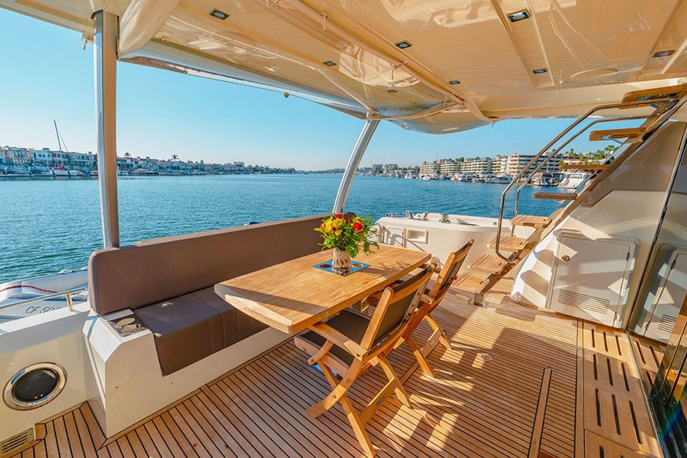 a deck with a table and chairs on it aboard 2018 PRESTIGE 680 Yacht for Sale