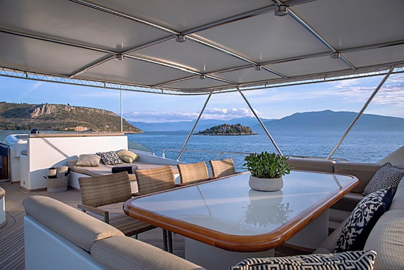 a table and chairs on a deck overlooking a body of water aboard AQUILLA Yacht for Sale