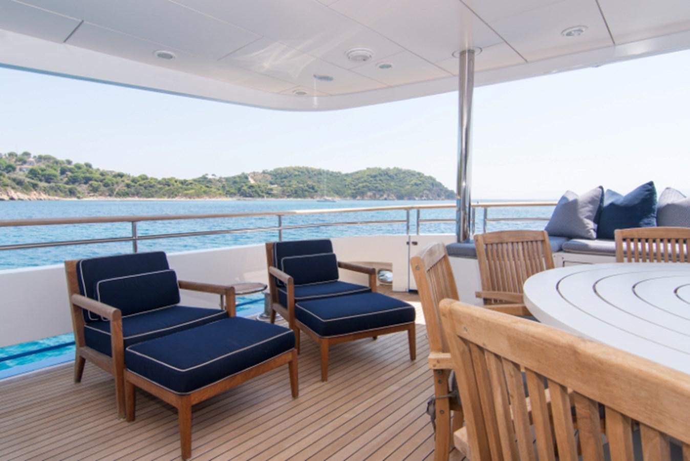 a deck with chairs and a table on it aboard 4*PUPPIES Yacht for Sale