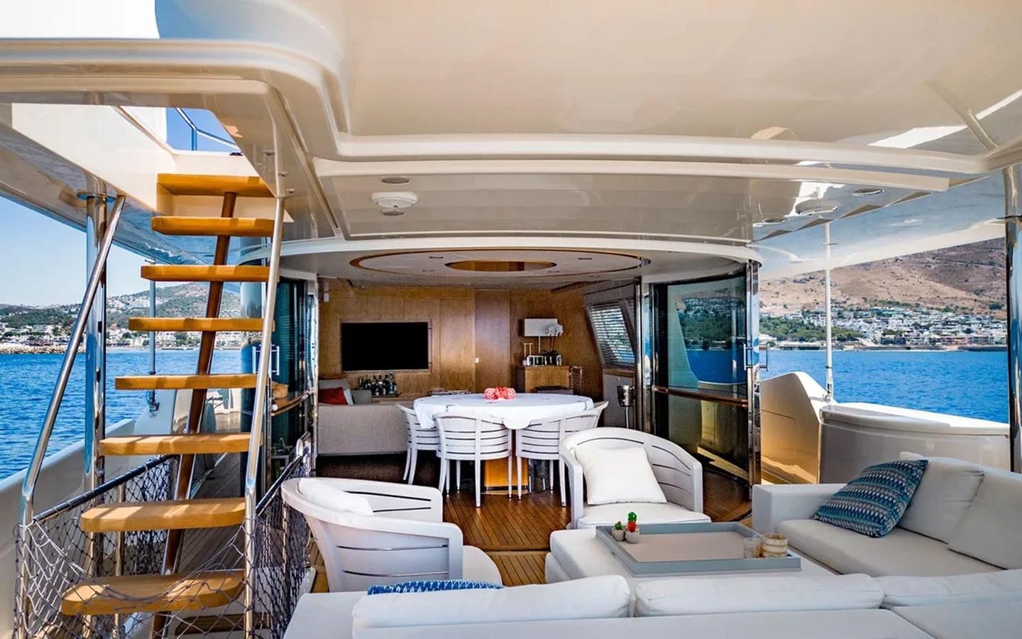 a room with a table chairs and a tv aboard UNICORN Yacht for Sale