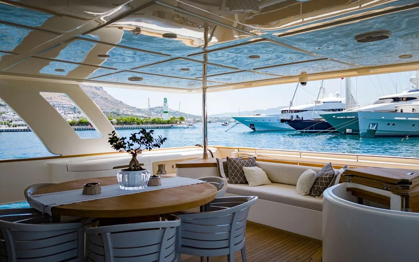 a room with a table chairs and a couch aboard UNICORN Yacht for Sale