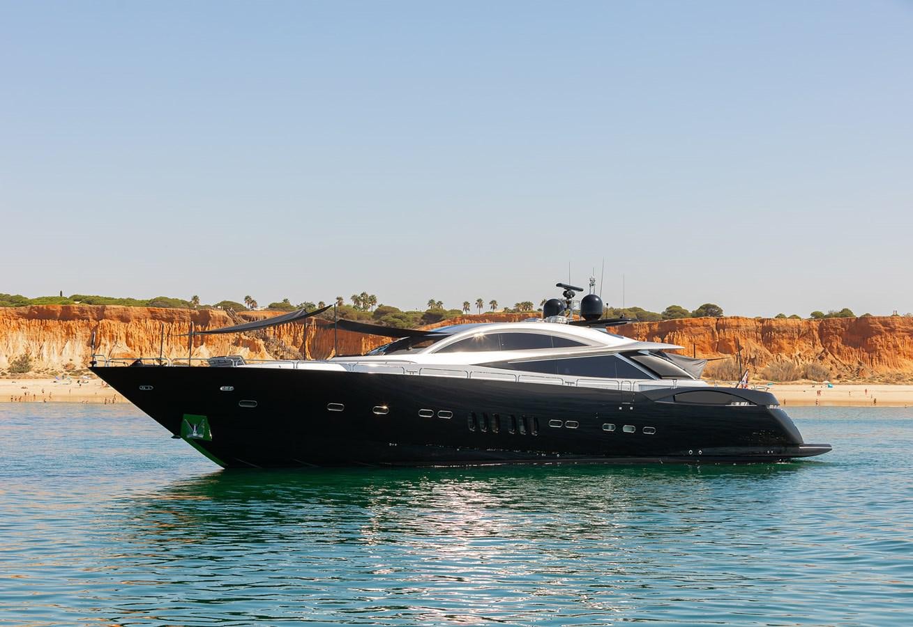 a black boat on water aboard GEE WHIZZ Yacht for Sale