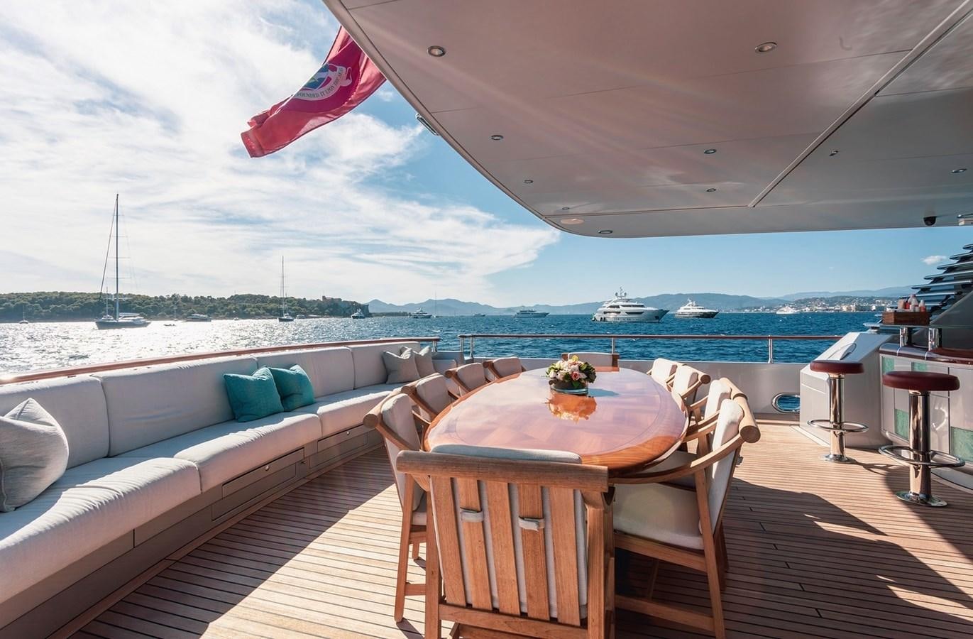 a table and chairs on a deck overlooking a body of water aboard AD LIB Yacht for Sale