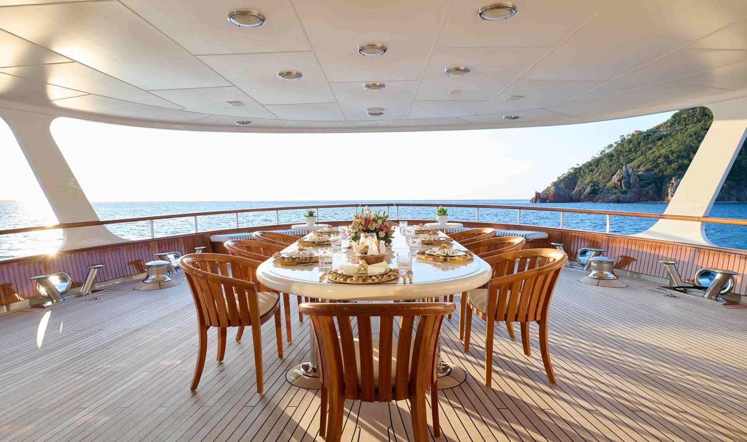 a table set for a meal on a deck overlooking a large body of water aboard LADY BEATRICE Yacht for Sale