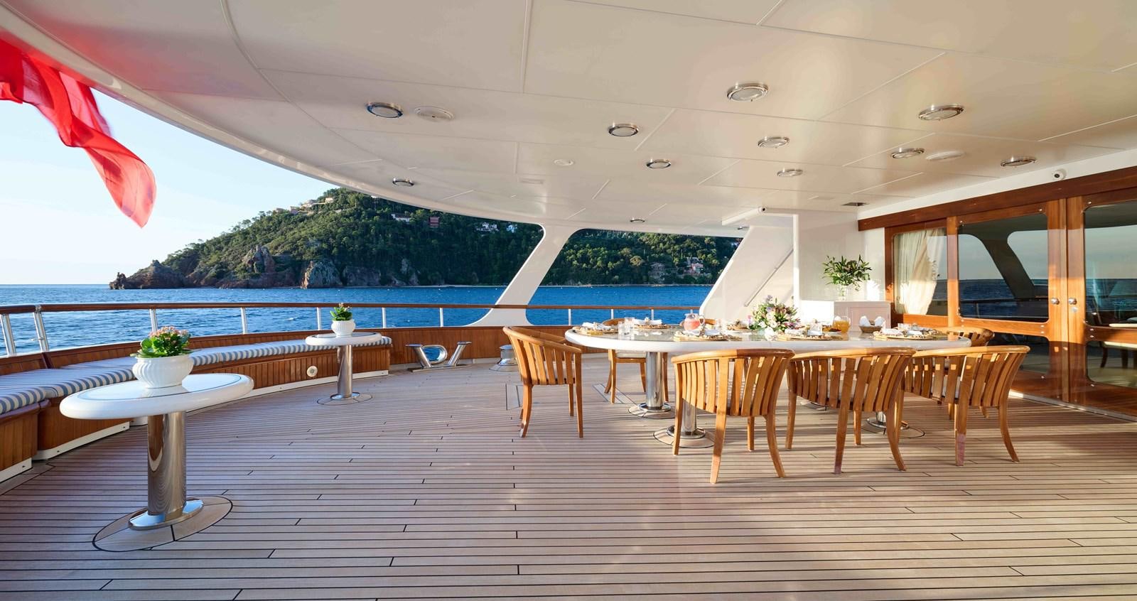 a room with tables and chairs aboard LADY BEATRICE Yacht for Sale