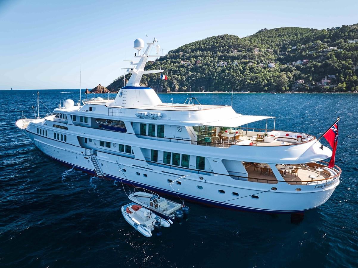 a large white boat in the water aboard LADY BEATRICE Yacht for Sale