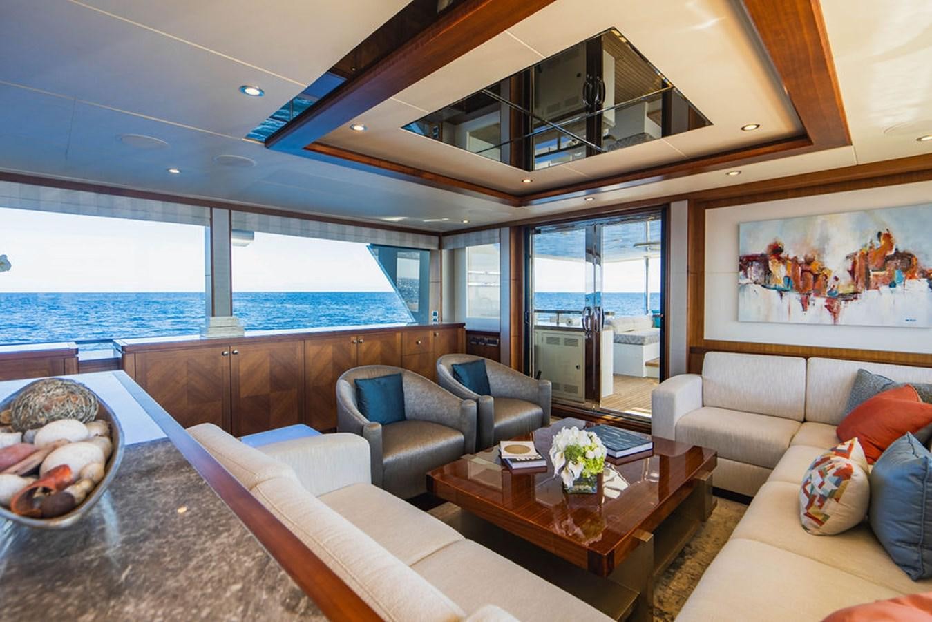 a living room with a large window aboard FAR NIENTE Yacht for Sale