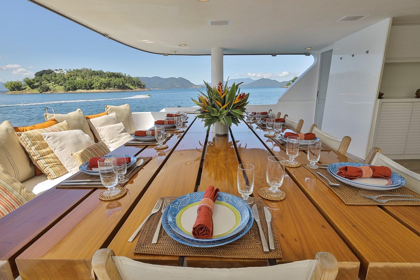 a table with plates and glasses on it aboard PAPA-GOLFE Yacht for Sale