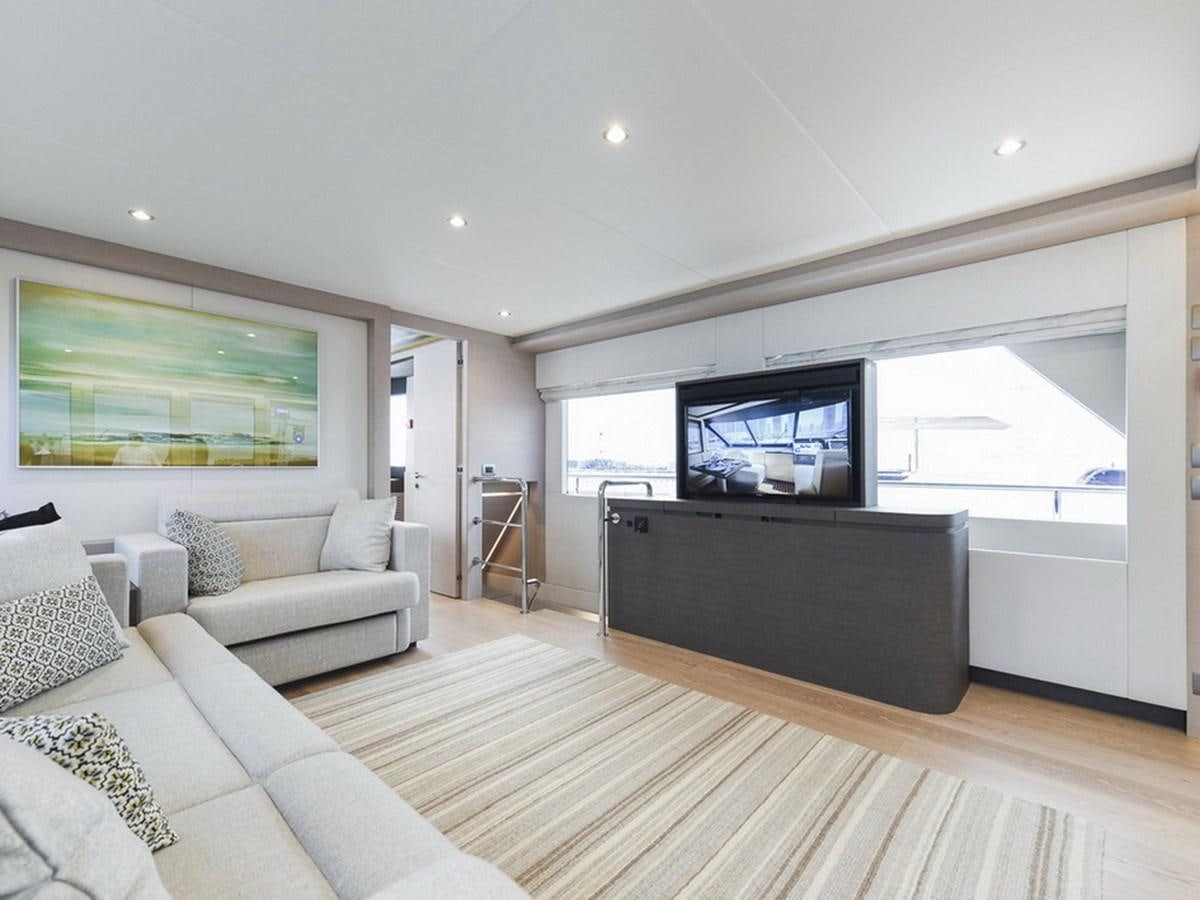 a living room with a large tv aboard NOMAD 70 SUV Yacht for Sale