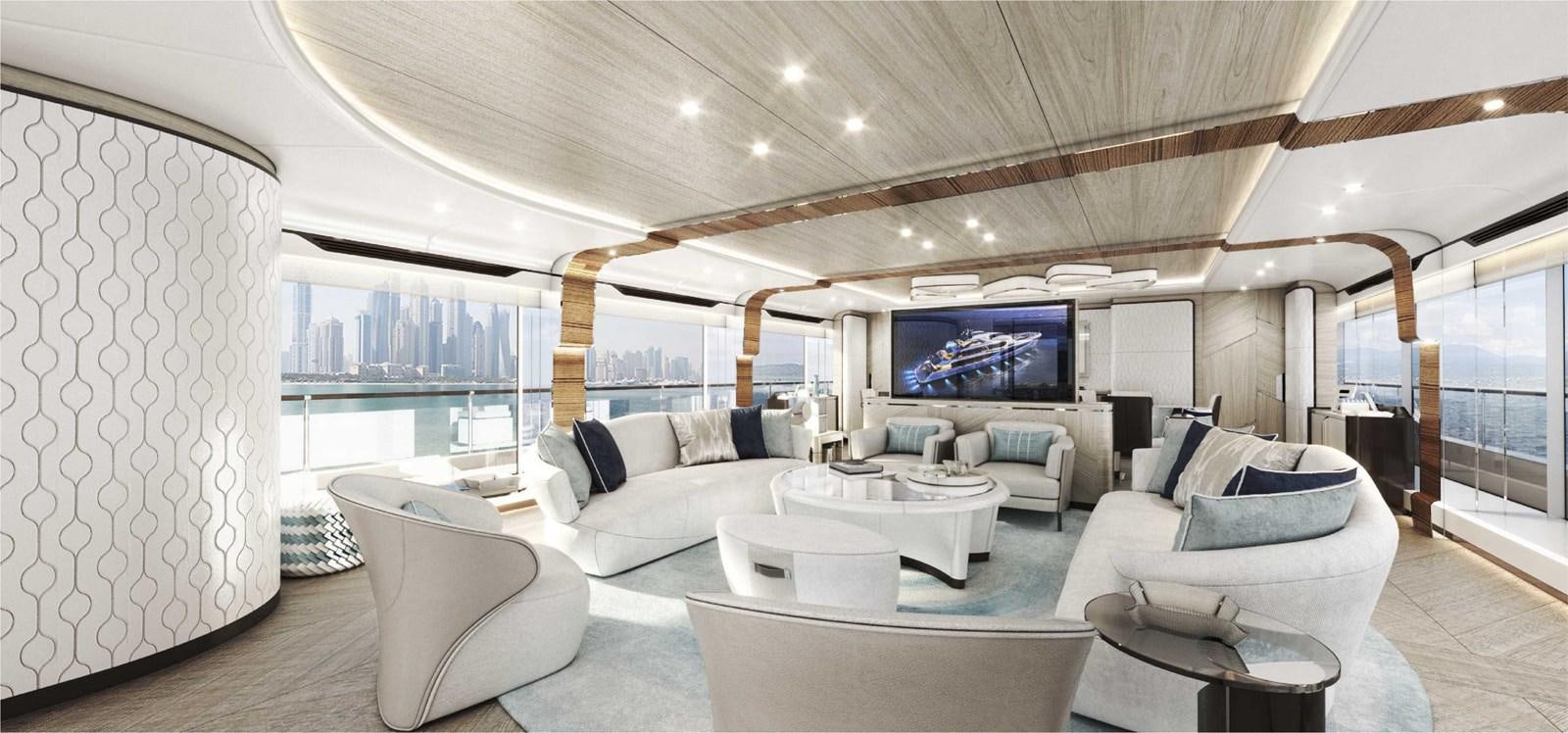 a large living room with a large window aboard MAJESTY 160 Yacht for Sale