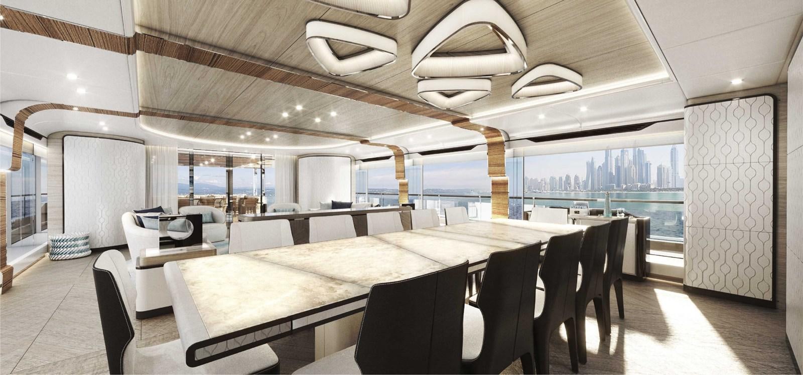 a large room with a table and chairs aboard MAJESTY 160 Yacht for Sale