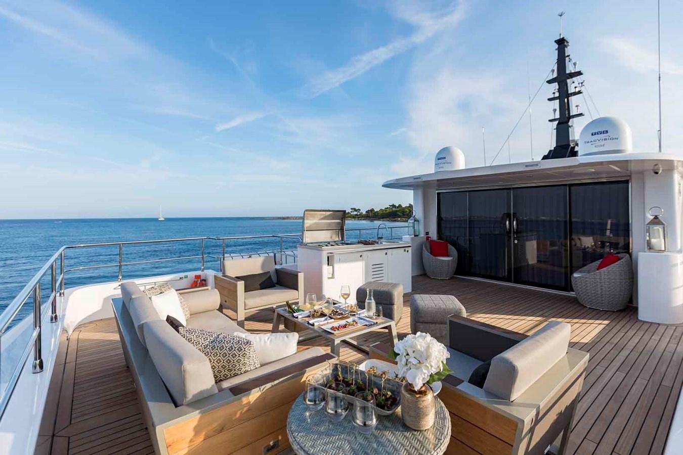 a deck with a view of the ocean and the ocean aboard NOMAD 95 SUV Yacht for Sale