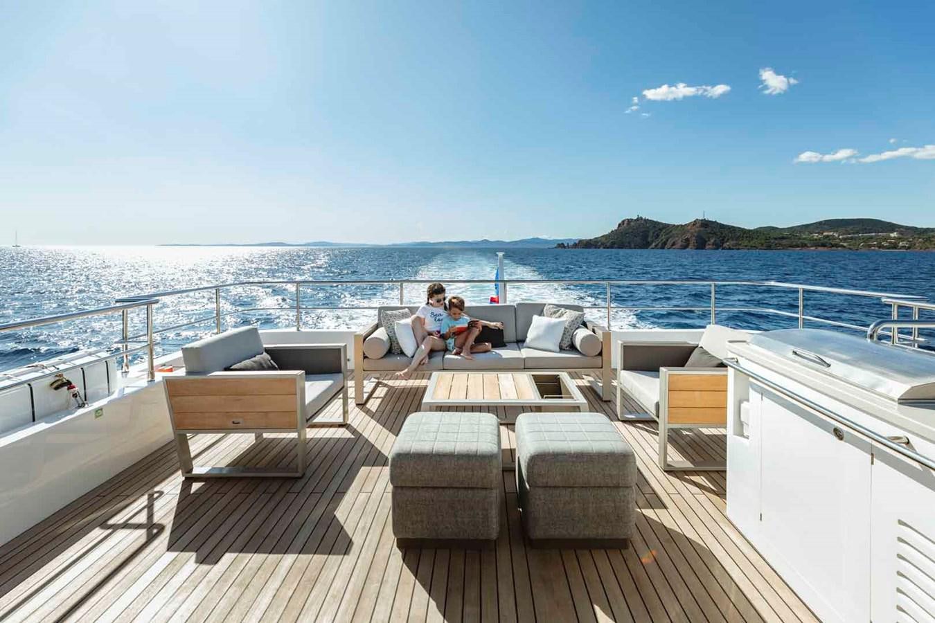 a couple sitting on a boat aboard NOMAD 95 SUV Yacht for Sale