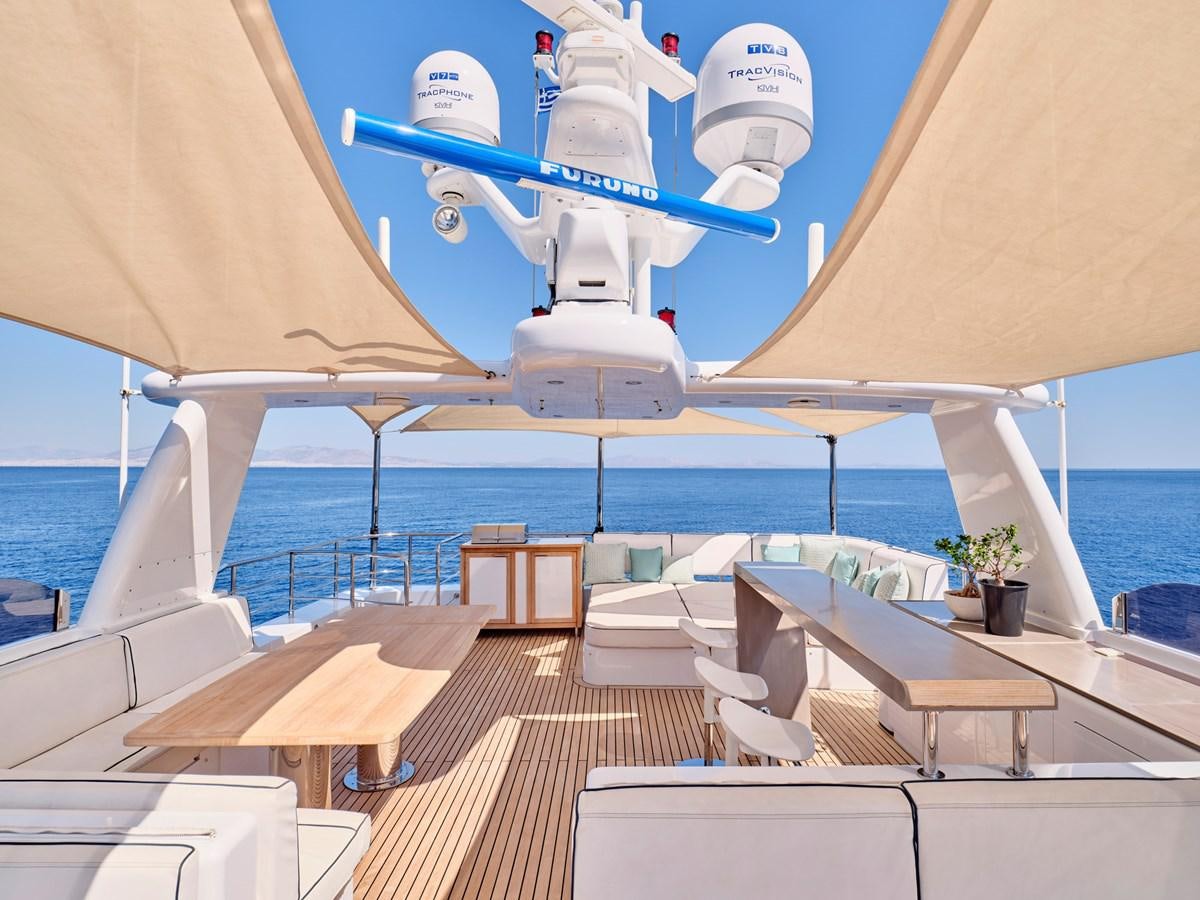 a deck with a deck and chairs on it and a body of water in the background aboard 3D Yacht for Sale