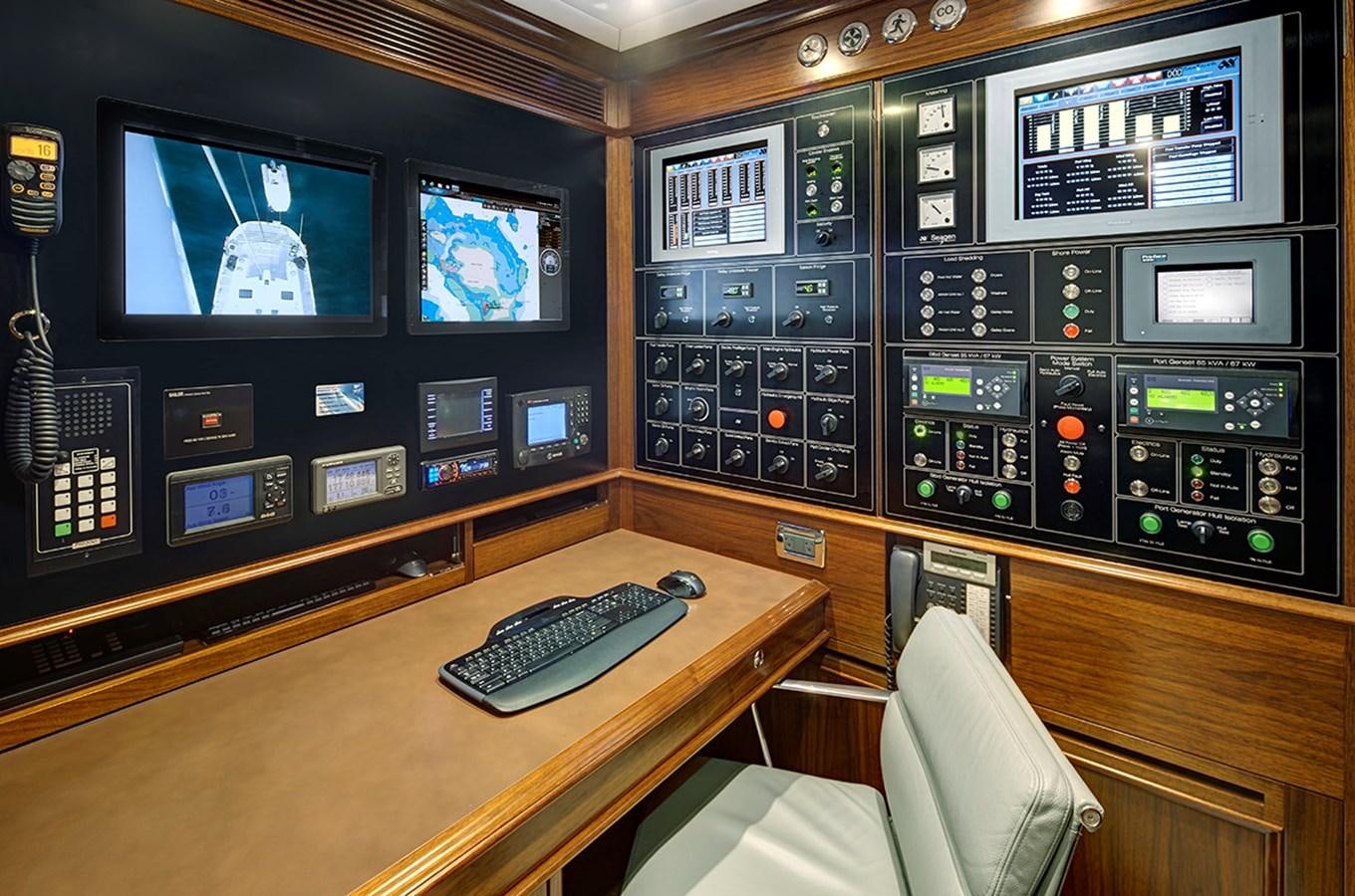 a control room with a keyboard aboard ENCORE Yacht for Sale