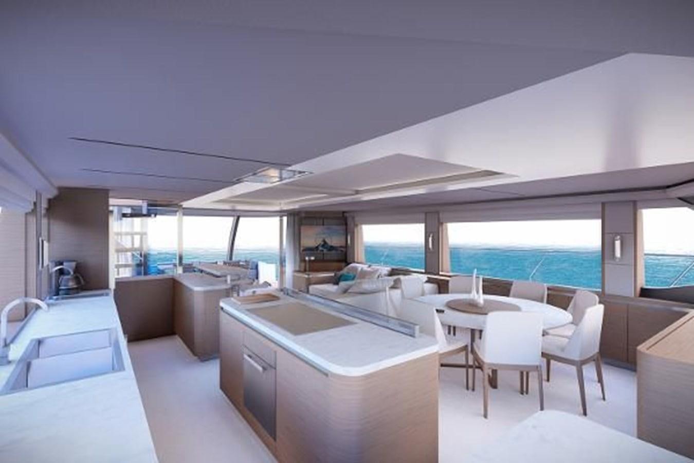 a modern looking kitchen with a large open window aboard 2021 AQUILA 70 LUXURY Yacht for Sale