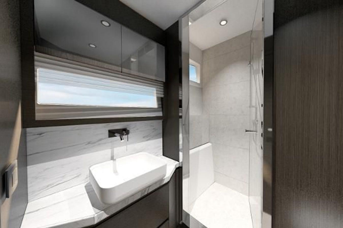 a bathroom with a sink and a shower aboard 2021 AQUILA 70 LUXURY Yacht for Sale