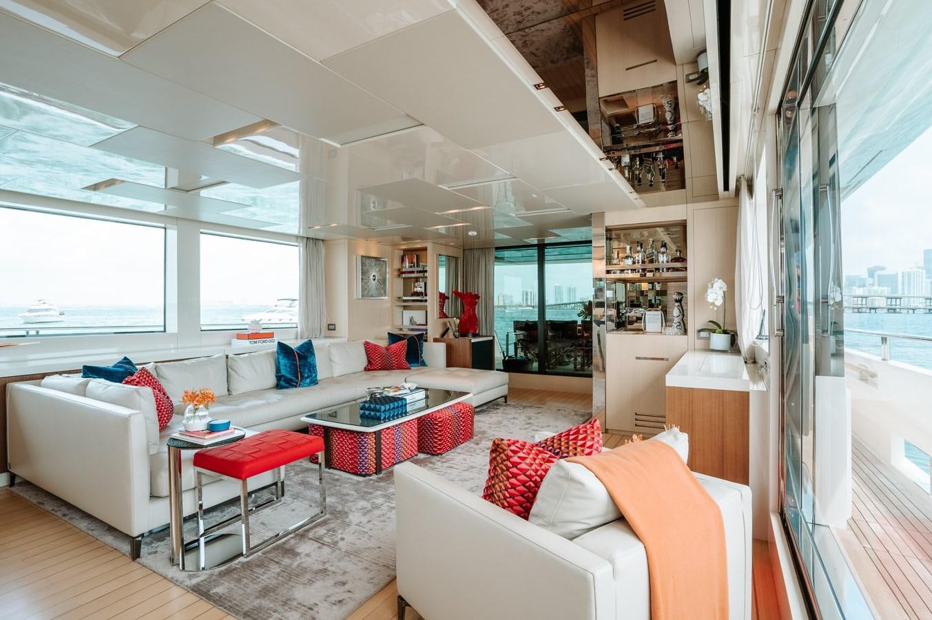 a living room with a large window aboard FIFTY SHADES Yacht for Sale