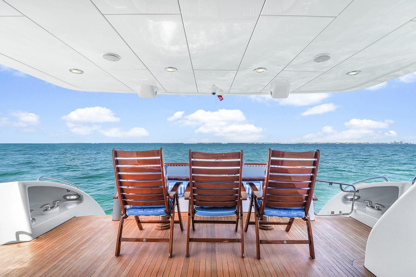 a table and chairs on a deck overlooking the ocean aboard HATTERAS 80 MOTOR Yacht for Sale