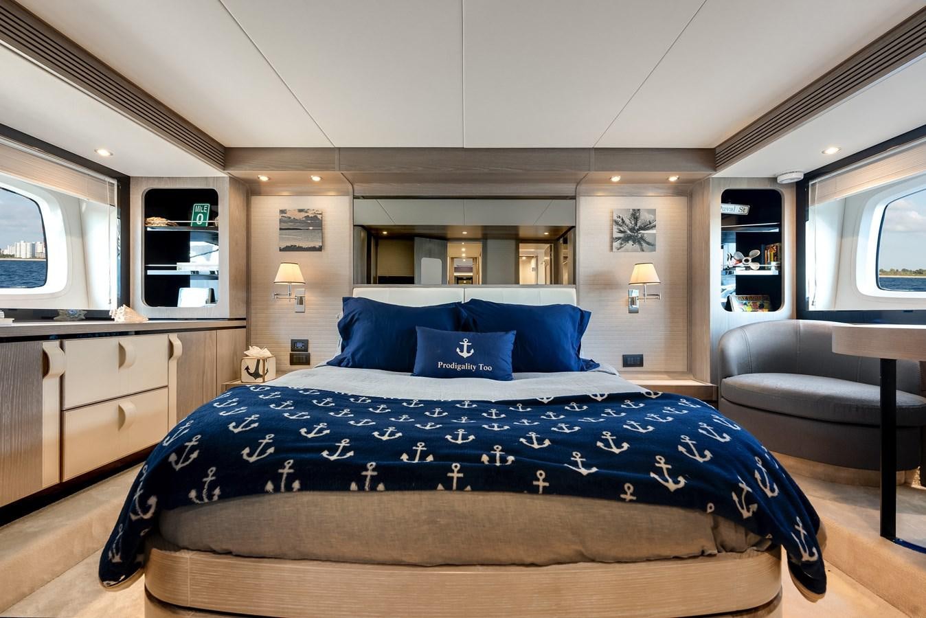 a bed in a room aboard PRODIGALITY 4 Yacht for Sale