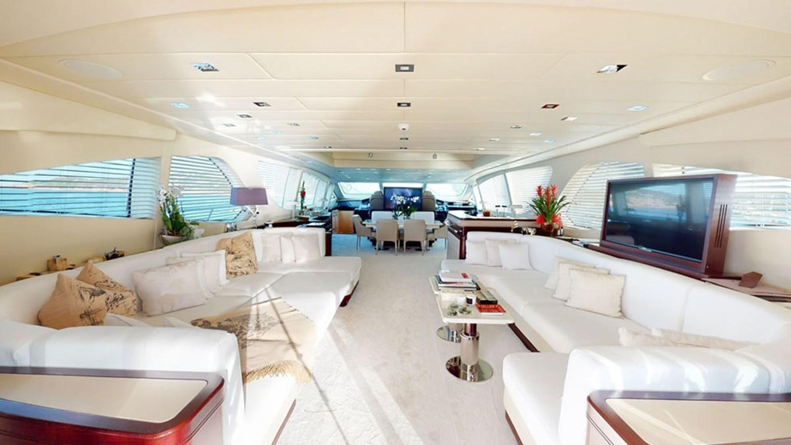 a room with white couches and a television aboard PAULA & BIEL Yacht for Sale