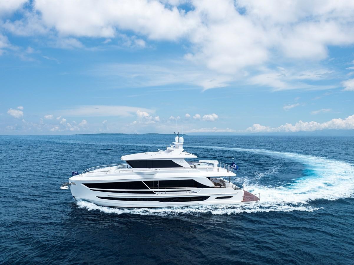 a white boat in the water aboard HORIZON FD80-614 / NOW AVAILABLE  Yacht for Sale