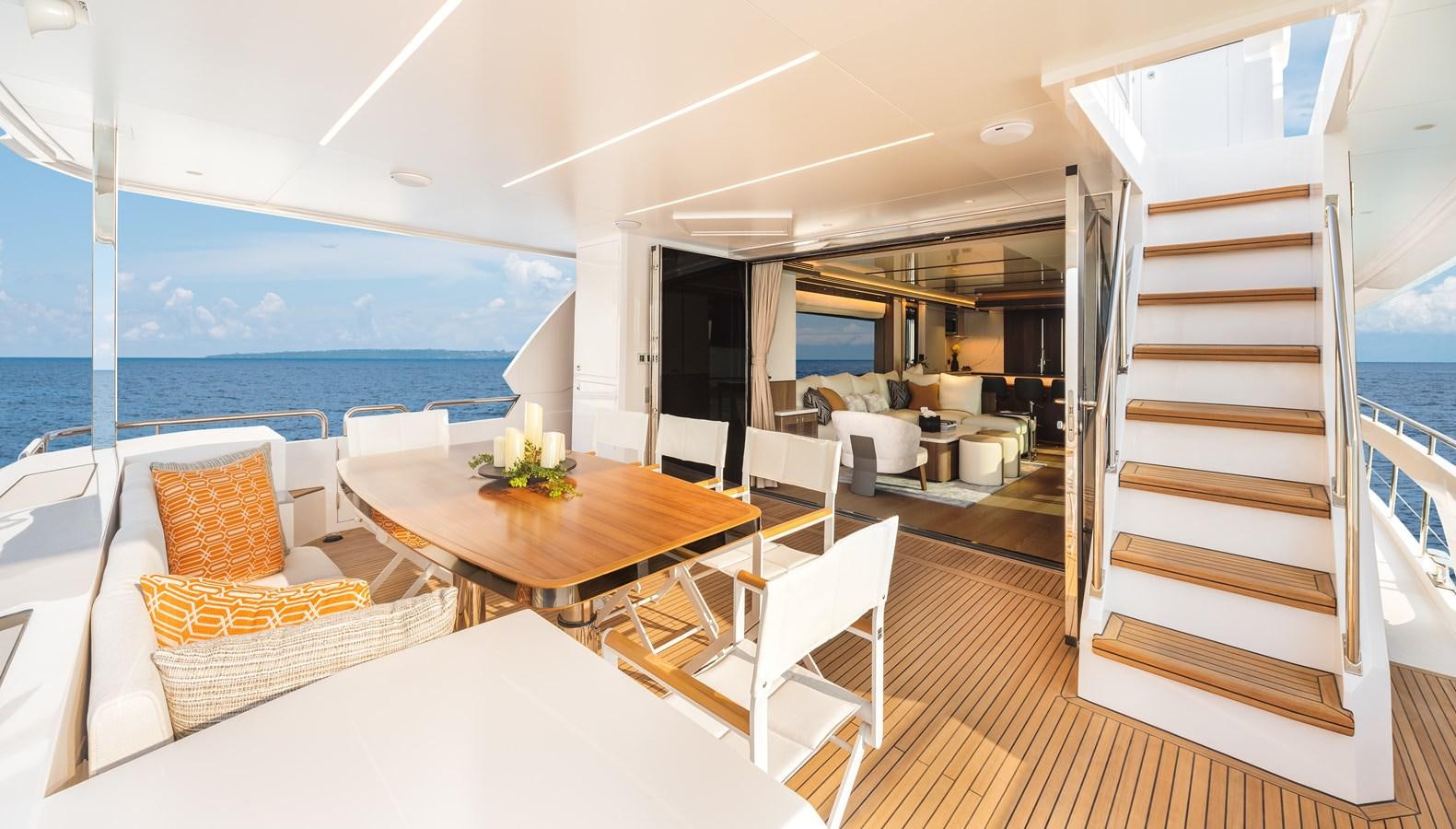 a room with a table chairs and a view of the ocean aboard HORIZON FD80-614 / NOW AVAILABLE  Yacht for Sale