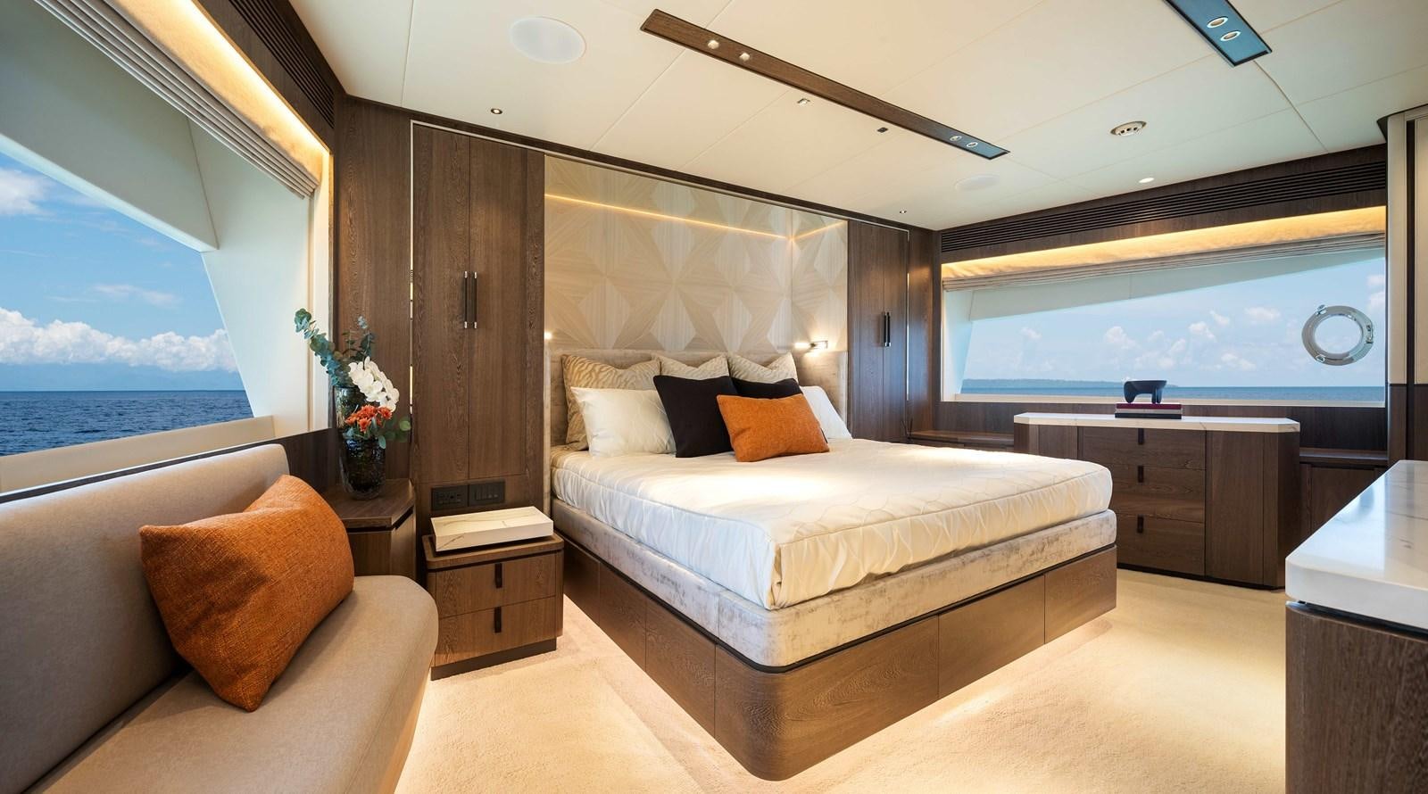 a large bedroom with a large bed aboard HORIZON FD80-614 / NOW AVAILABLE  Yacht for Sale