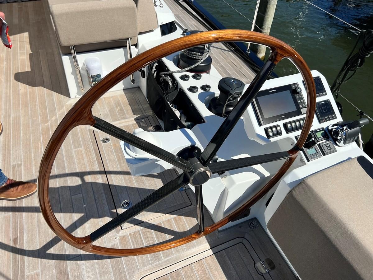 a steering wheel on a boat aboard TROIS VIGNES Yacht for Sale