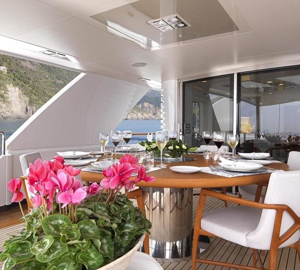 a dining room with a table and chairs aboard LADY IN BLUE Yacht for Sale