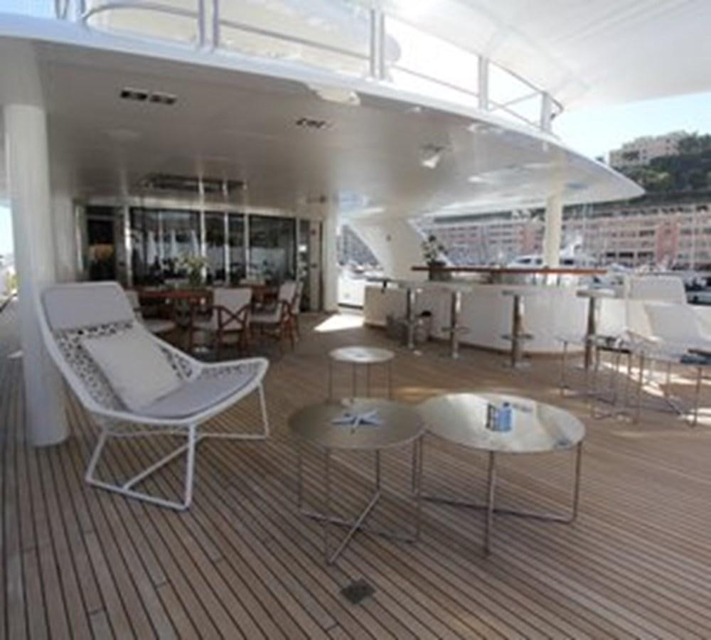a room with tables and chairs aboard LADY IN BLUE Yacht for Sale