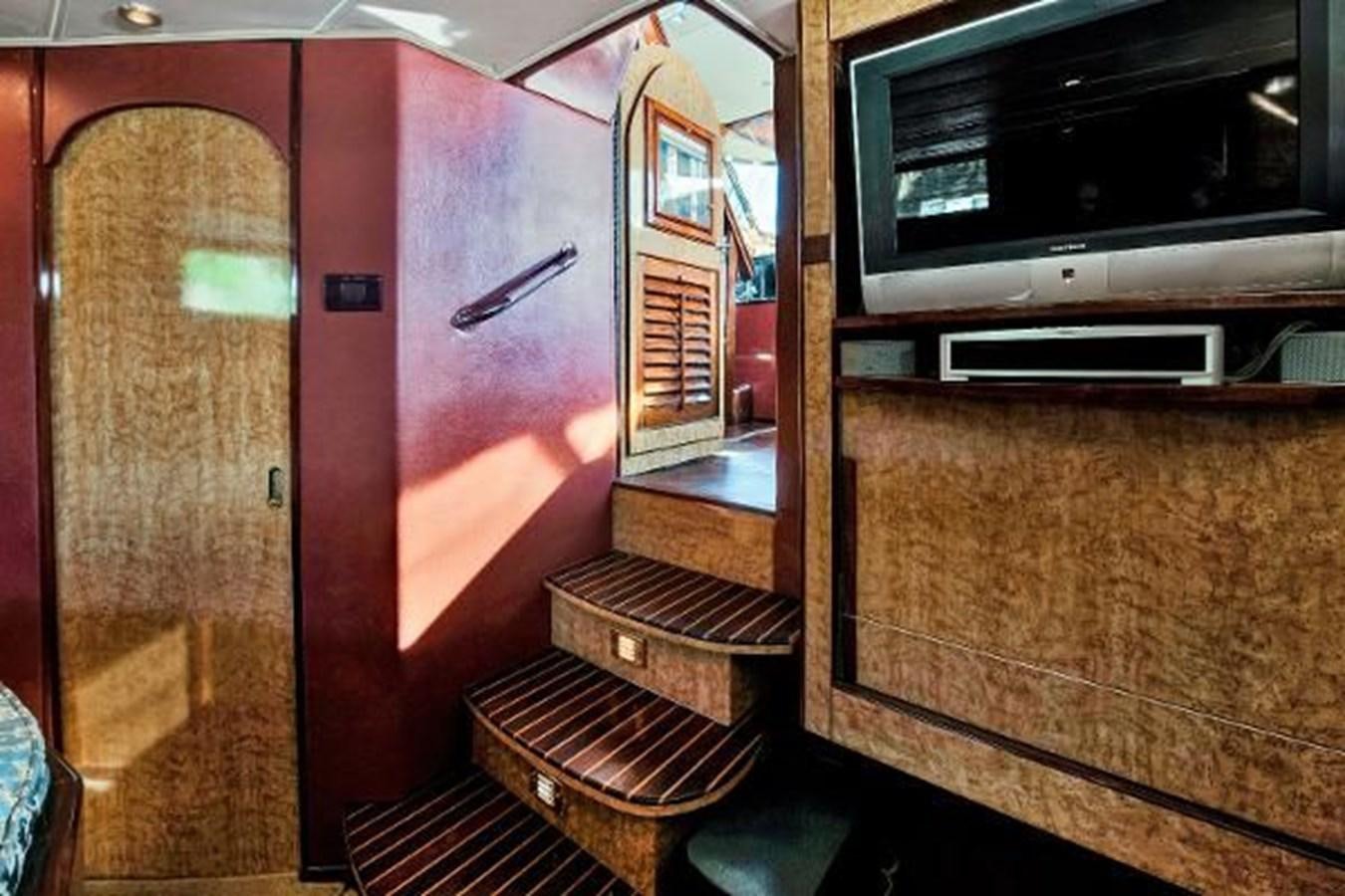 a room with a tv and a wall with a door aboard DREAM CATCHER Yacht for Sale