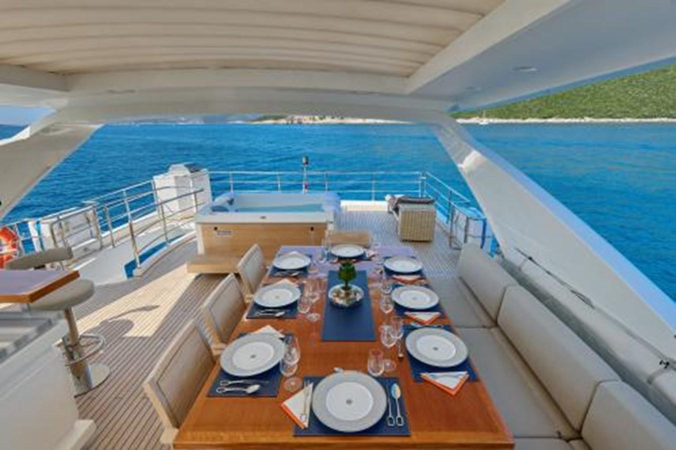 a table with plates and plates on it next to a pool aboard SILVIA Yacht for Sale
