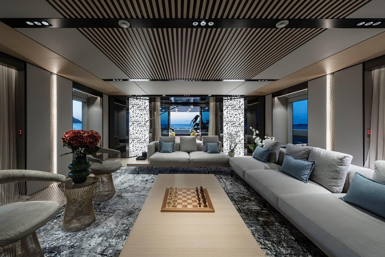 a living room with a large open floor plan aboard ISA GT 45 Yacht for Sale