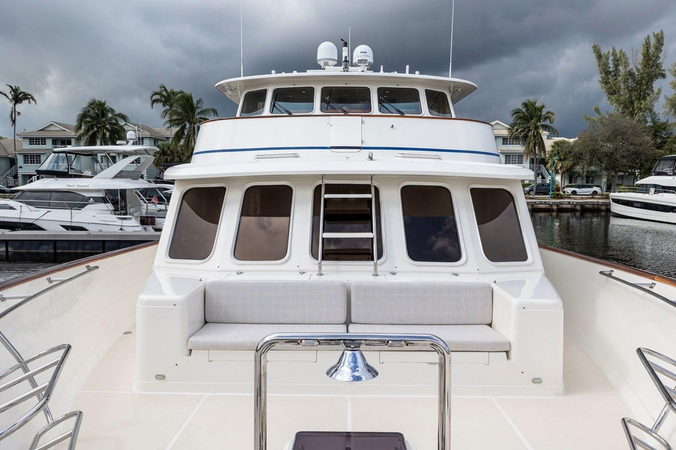 a white boat with a blue stripe aboard ANNIE Yacht for Sale