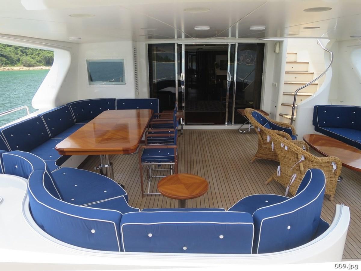a boat with a table and chairs aboard BLU Yacht for Sale