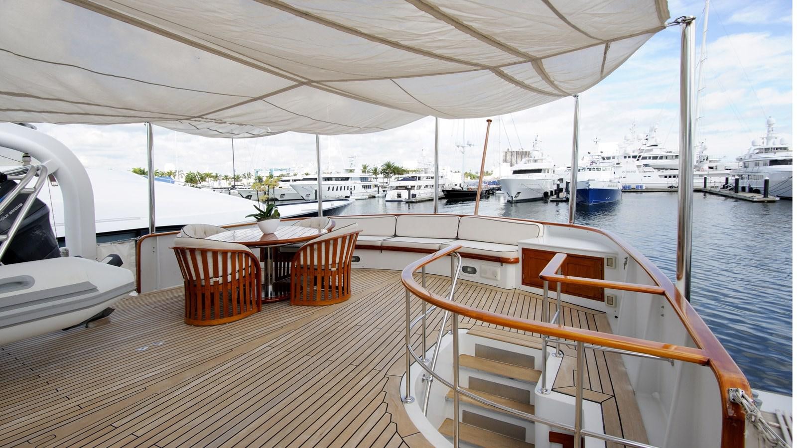 a boat is parked on the dock aboard AVANTE V Yacht for Sale