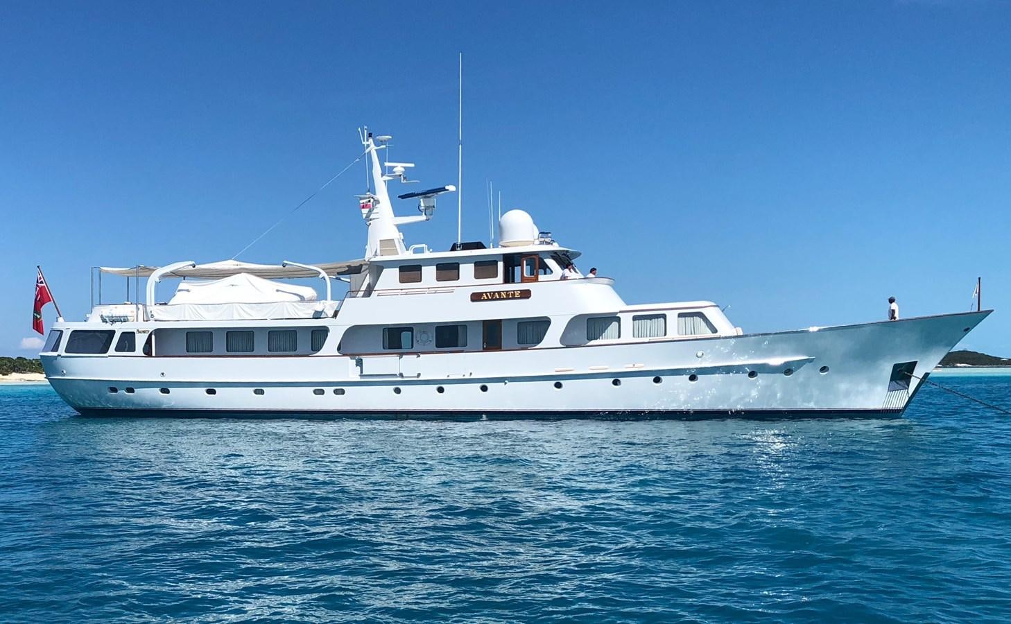a white yacht in the water aboard AVANTE V Yacht for Sale