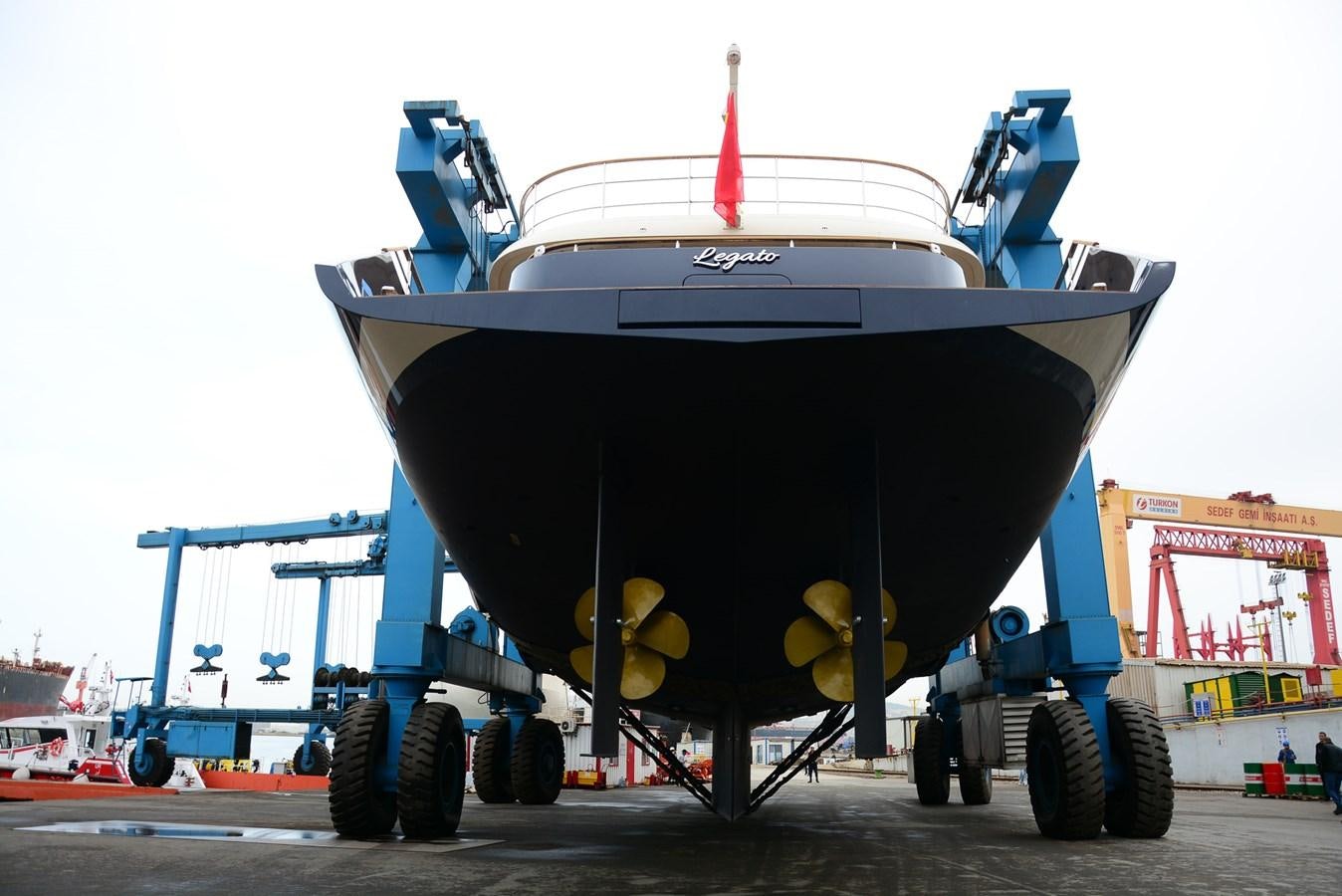a large machine on a trailer aboard LEGATO Yacht for Sale