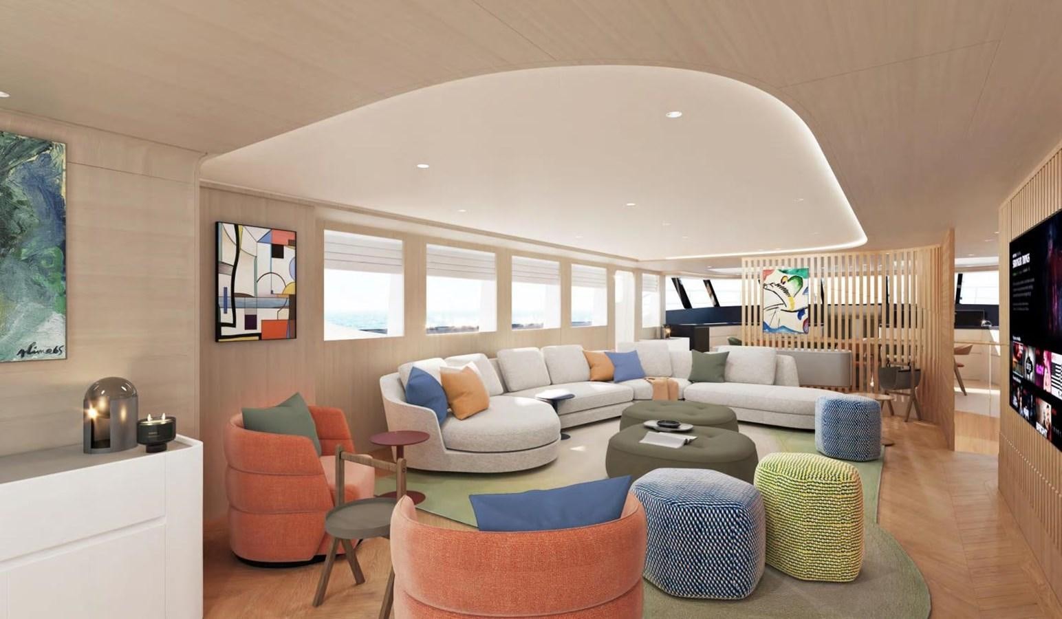 a living room with a large ceiling aboard LEGATO Yacht for Sale