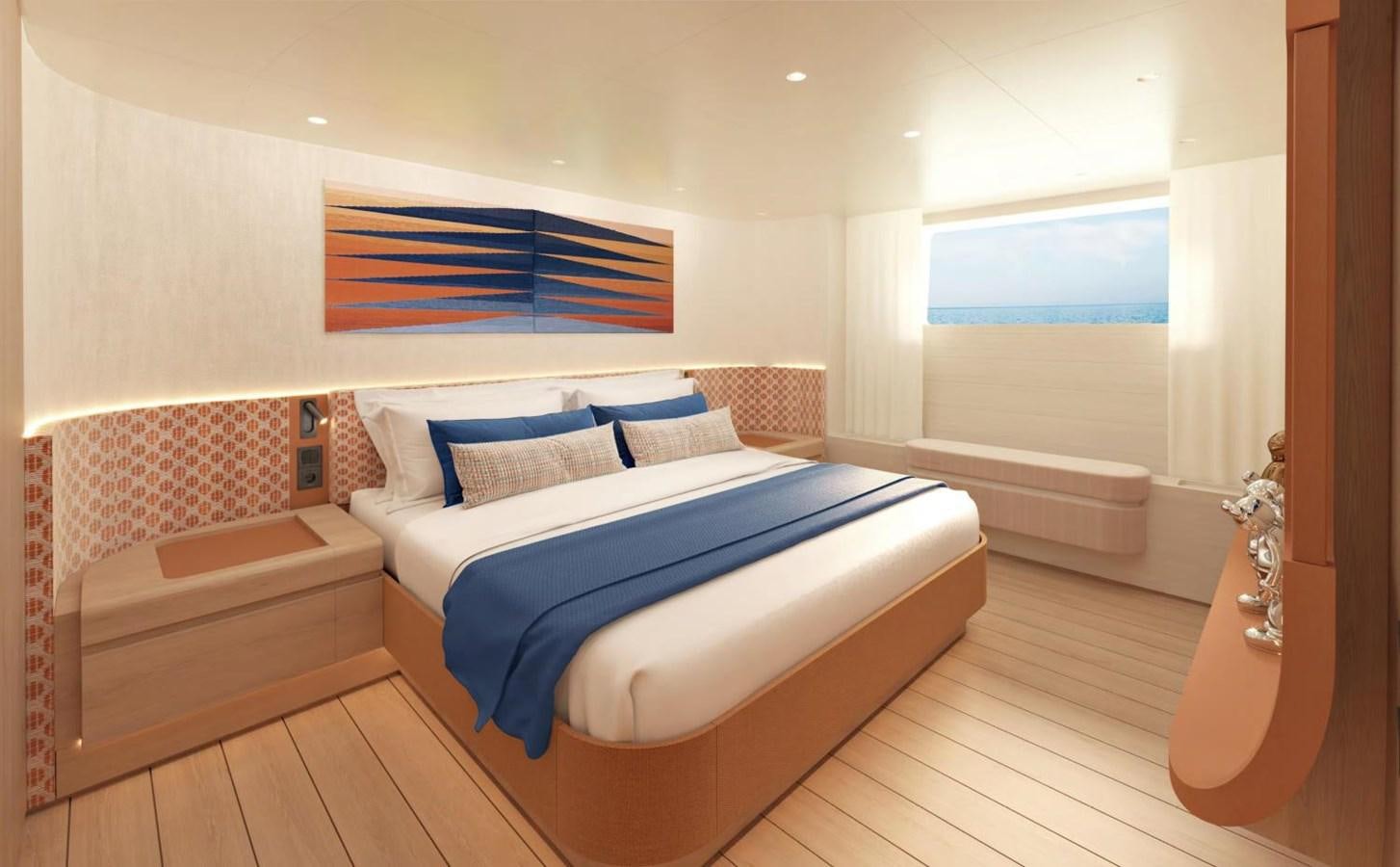 a bed in a room aboard LEGATO Yacht for Sale