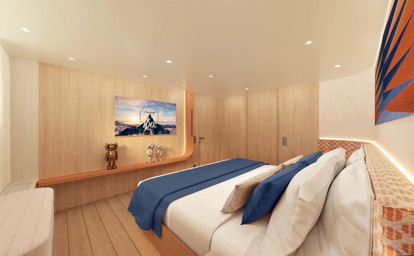 a bedroom with a large bed aboard LEGATO Yacht for Sale