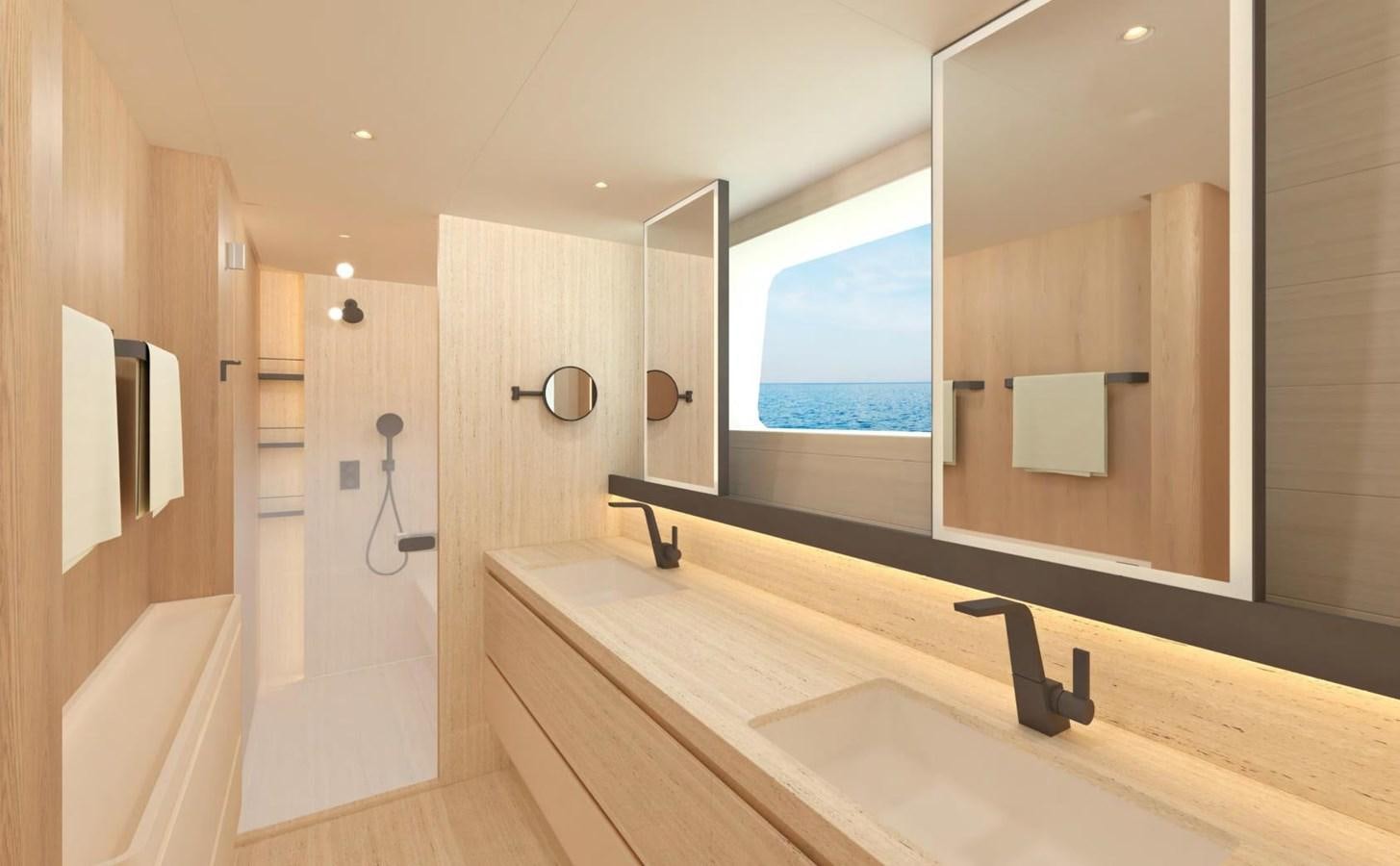 a bathroom with a large window aboard LEGATO Yacht for Sale