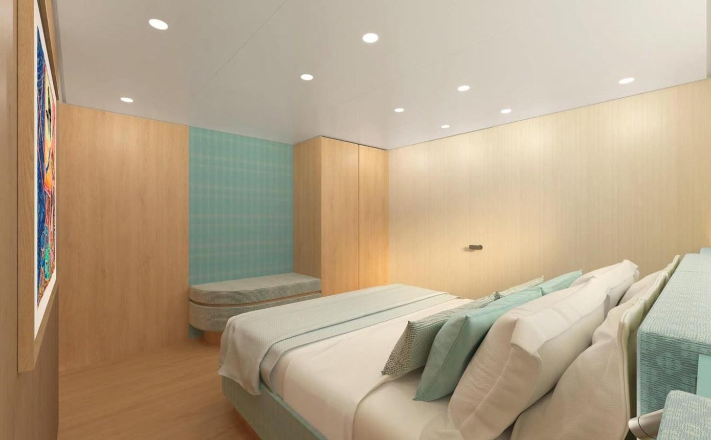 a room with a bed and a window aboard LEGATO Yacht for Sale