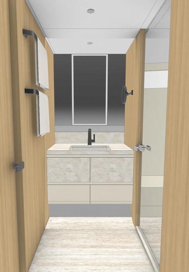 a bathroom with a large mirror aboard LEGATO Yacht for Sale