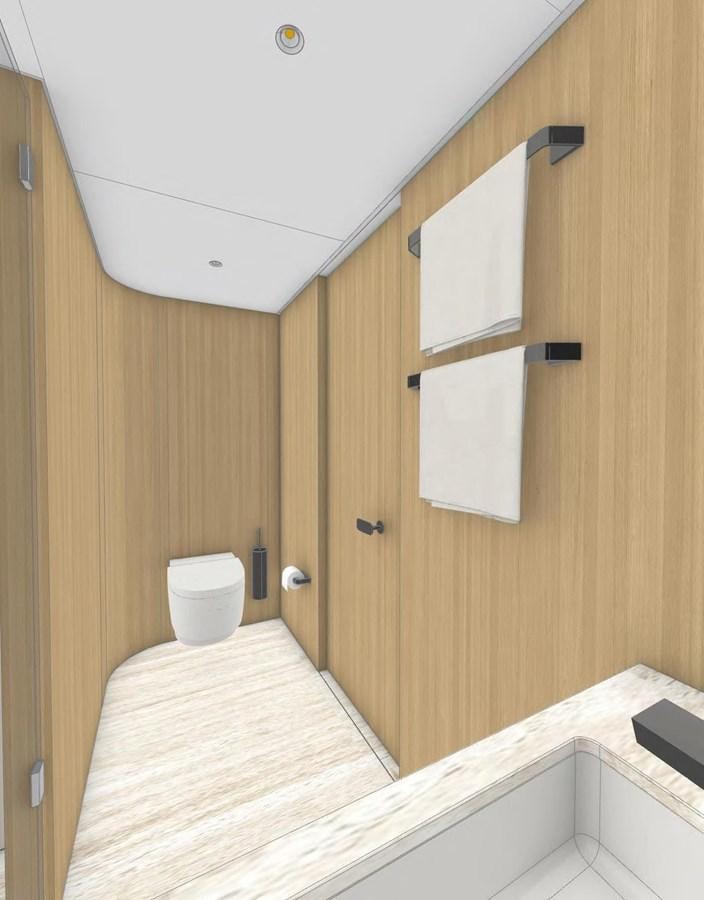 a wooden bathroom with a white towel on the wall aboard LEGATO Yacht for Sale